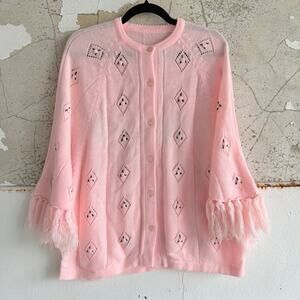 Vtg Cardigan Floral Knit Sweater Fringe Sleeves Rose Cottagecore Pastel Womens L